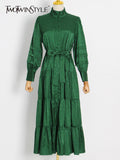 Vintage Green Lace Up Long Dress Female Stand Collar Lantern Sleeve High Waist Maxi Dresses For Women 2022