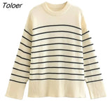 Women Classical Striped Print Casual Loose Knitting Sweater Female Long Sleeve Chic Side Split Leisure Tops