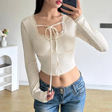 French Maiden Style Square Collar Bow Tie T-Shirt Sexy Short Navel Long-Sleeved Blouse-Outfit