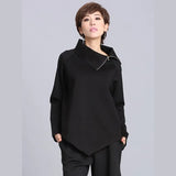 Women Black Zipper Irregular Big Size Casual T-shirt New Turtleneck Long Sleeve Fashion Tide Spring Autumn 2023