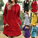 Solid Hoodies Dress Autumn Warm Oversized Long Sleeve Sweatshirt Casual Pocket Irregular Hem Female Long Hoody