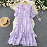 Embroidary Solid Women Chic Dress V Neck Gentle Single Breasted Retro Vacation 2022 Ladies A Line Beach Long