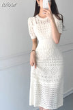 Chic Korean Temperament Slim Sexy Hollow Out Dresses O Neck Short Sleeve Wrap Hip Knitted Dress White Lady Summer