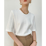 Women Black White Fold Brief Elegant T-shirt New Round Neck Half Sleeve Fashion Tide Spring Summer 2023