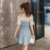 Slim Off Shoulder Short Sleeve Mesh Patchwork Ruffles 2021 New Fashion Front Buttons Lace Women Spaghetti Denim