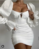 Vintage Puff Sleeve Square Mini Dress 425-1-Outfit