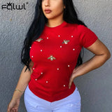 Loose Women Short Sleeve Pearl Beading Tshirt Ladies Tee Tops Summer Solid Weekend Casual Fit Round Neck Basic T