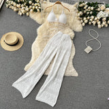 Women Summer Knitted Set Halter Short Tops+ Hollow Wide Leg Long Pants Sets Shell Beach Sexy Backless Two Piece