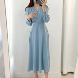 V-neck Puff Sleeve A-line Maxi Dresses for Woman Women Solid Color Midi Robe Korean Office Dresses Elegant Spring