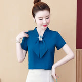 Summer Bow Loose Solid Women Blouses and Tops Solid Bottom Shirts Elegant Fashion Short Sleeve Chiffon Women Shirts