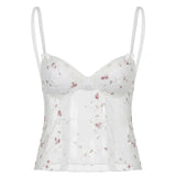Y2K Lace Corset Top White Small Floral Retro Crop Top Mesh See Through Sexy Mini Vest Women Party Boho Beach Tee