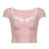 Lace Splicing Chest Type Skinny Thread Knitted Blouse 2023 Square Neckline Lace Spicy T-Shirt Girl-Outfit