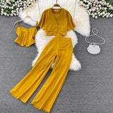 Vintage Women Three Pieces Set Elegant V-Neck Short Blouse + Strap Camis + Wide Leg Pants Suit Green/Red/Yellow Spring Fall