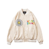 Bomber Jacket women Daisy Embroidery Letter PU Leather Patchwork Autumn jacket College style Men's Baseball