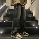 Street Jeans Men's Star Embroidery Design Straight Trousers Chao Brand Ins Loose Wide-Leg Trousers-Outfit