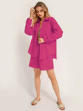 Drawstring Women Linen Shorts 2 Piece Set Casual Oversize Shirts And Wide Leg Shorts Suits Solid Summer Loose