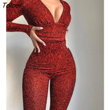 Women Tribal Pattern Flocked Mesh Patch Long Sleeve Jumpsuit 2023 Autumn Europe and America Fashion Women's