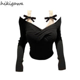 Color Crop Tops Women Patchwork Lace Fake Two T-shirt 2024 Ropa Mujer Slash Neck Long Sleeve Summer Tees Sexy Tshirts-Outfit