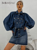 Denim Skirt Sets Female Lapel Puff Sleeve Loose Coats High Waist A Line Mini Skirts Solid Set Female Clothing