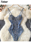 See Through Mesh Patchwork Flowers Embroidery Bodysuit Women Adjustable Spaghetti Strap Padded Lace Up Bandage Body