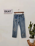 Women's Jeans High Waist Rhinestone Heart Patchwork Pocket Denim Solid Color Straight Pants 2024 Spring New Fashion 29L700-Outfit