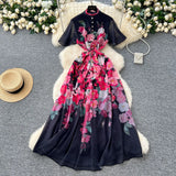 New Holiday Style Dress Women's French Pearl Buckle Waist Thin Temperament Print Chiffon Long
