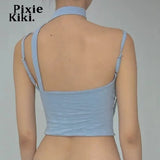 Y2k Streetwear Crop Tops Asymmetrical Ruched Backless Tank Top Baby Blue Camisole Summer Clothes for Womans