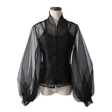 See Through Black Blouse For Women Stand Collar Lantern Long Sleeve Casual Loose Shirt Female Fashion New