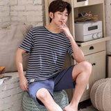 Men Pajama Sets Cotton Male Short Sleeve O-Neck Striped Pyjama Set For Man Summer Sleepwear Suit Leisure Homewear
