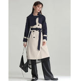 Women Apricot Color-block Big Size Trench New Lapel Long Sleeve Loose Windbreaker Fashion Tide Spring Autumn 2023