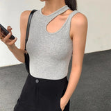 Casual White Cut Out Women's T Shirt Round Neck Sleeveless Korean Slim T Shirts Female Clothing 2022 Summer
