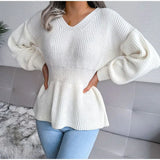 Women Knitted Sweater Lantern Sleeve Ruffled Hem V-Neck Solid Warm Pullover Ladies Elegant Korean Causal Sweaters 2021 Top