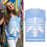 Skull Print V Neck Y2K Oversized Sweater Harajuku Casual Loose Knitted Top Pullovers Korean Punk Ladies Jumper