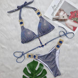 Toloer New Strap Neck Bikini Sexy Shiny Gold Crystal Diamond Swimsuit