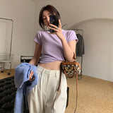 Cotton Shoulder Short-Sleeved T-Shirt Women's Ins Tide Brand Round Collar Folded And Bottomed T-Shirt Slim To Show A Thin White Blouse-Outfit