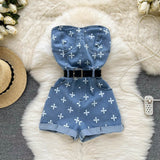 Denim Cross Print Women Jumpsuits Summer 2022 Fashion Sashes Pocket High Street Sexy Ladies Temperament
