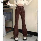 Retro High Waisted Flare Jeans Women Korean Autumn New Y2K High Street Brown Pants Female Buckle Cool Casual Pants