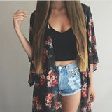 Casual Vintage Kimono Cardigan Ladies 2021 Summer Long Crochet Chiffon Kimono preto Loose flora printed Blouse Tops