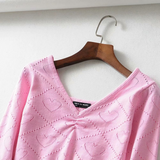 vintage V-neck folds pink peach heart hollow knit sweaters slim thin 3/4 sleeve short crop tops pullover jumpers for