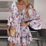 Bohemian Women Floral Printed Dress 2022 Celmia Summer Lace Up V Neck Beach Party Mini Vestidos Elegant Flared Sleeve