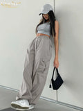 Casual Loose Gray Cargo Pants Women Fashion High Wasit Wide Trousers Pants Streetwear Pockets Pants Female Clothing