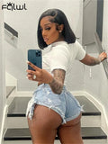 Summer Streetwear Skinny Shorts Women 2022 High Waist Pockets Shorts Female Tassel Hole Blue Straight Trousers