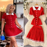 Style POLO Collar Short-Sleeved Top + High-Waisted 100-Folded Skirt Knitted Two-Piece Suit