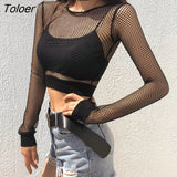Sexy Mesh Crop Tops Tee Shirt Femme Hollow Out Black Tshirt Women See Trough Long Sleeve Streetwear Fishnet T