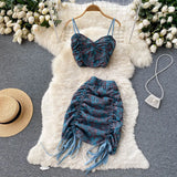 Lace Drawstring Women Summer Set 2022 Ruched Zipper Elastic Top Sexy Vacation Party Club Mini Skirt Two Piece