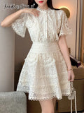 TWOTWINSTYLE Lace Panel Two Piece Set Women Round Neck Short Sleeve Tops High Waist Mini Skirts Solid Sets Female Summer