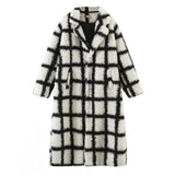 Lamb Plaid Lapel jacket Women Elegant ladies Full Sleeve Long Coat 2022 Fall Winter Button Pocket Casual