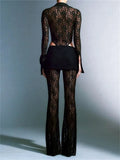 Sexy Women Lace Pants Set Summer Mesh Sheer Long Sleeve Bodysuits Tops Long Flared Pants 2 Pieces Outfits Streetwear-Outfit