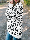 Autumn Winter New V-Neck Pullover Long Sleeve Top Crochet Knitting korean style Leopard Jacquard Women's Blouses