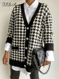 V Neck Women Button Black Houndstooth Cardigan 2020 Long Sleeve Sweater Autumn Winter Knitted Loose Oversized Jumper